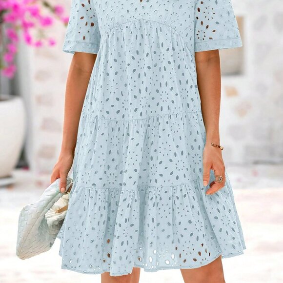 Light Blue Boho Women's Embroidered Eyelet V-Neck Mini Dress Ruffle Tiered - Picture 3 of 5